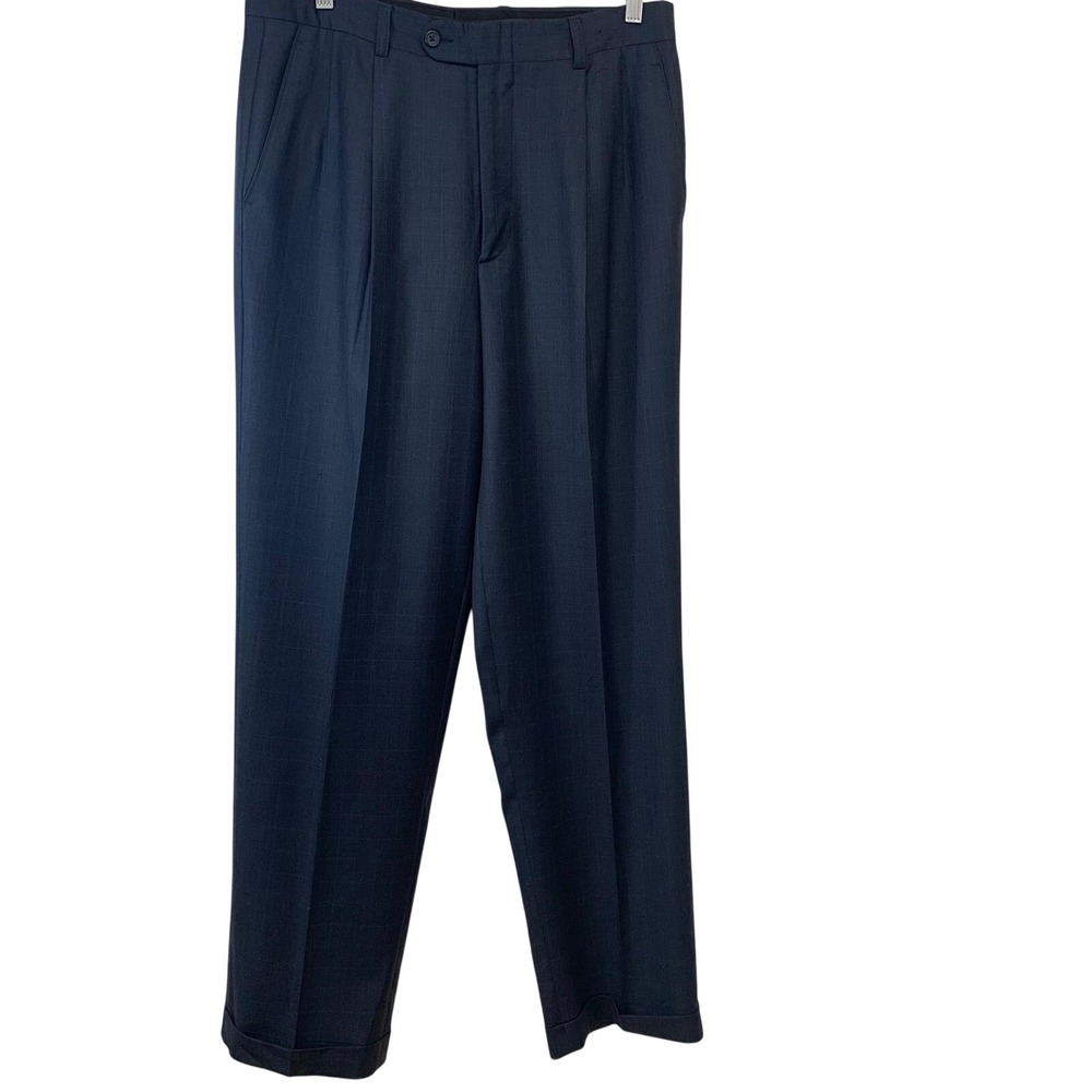 Linea Naturale Luxe Mens 34 Blue Wool Pleated Cuffed Dress Pants 32" Made Italy